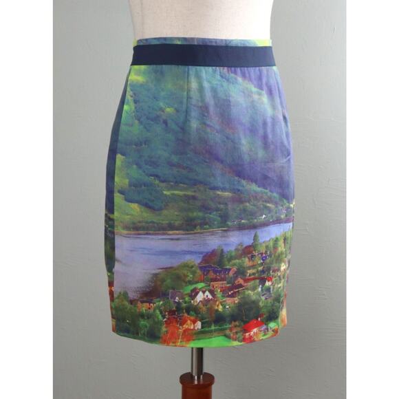ANTHROPOLOGIE NWT $98 Meadow Rue River School Landscape Print Skirt Size 0 - Picture 1 of 6